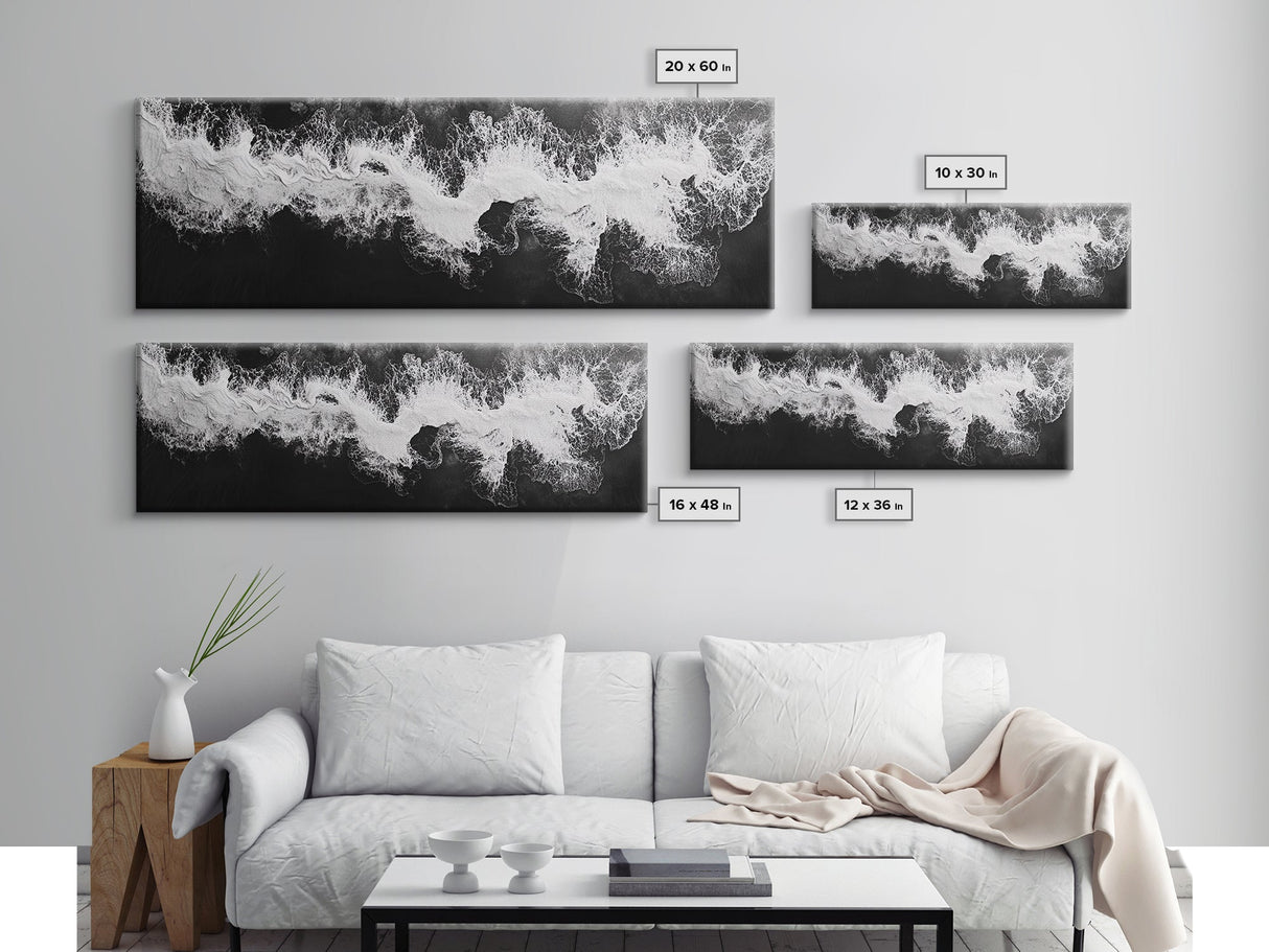 Ocean Wave, Aerial Surf, Coastal Abstract, Monochrome Motion, Framed Canvas Print, Modern Bathroom Art, Minimalist Art, Black and White Decor