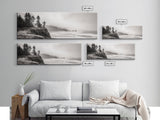 Foggy Pines, Ocean Horizon, Coastal Landscape, Moody Beach Scene, Canvas Print, Bedroom Wall Art, Rustic Cabin Decor, Nature Photography