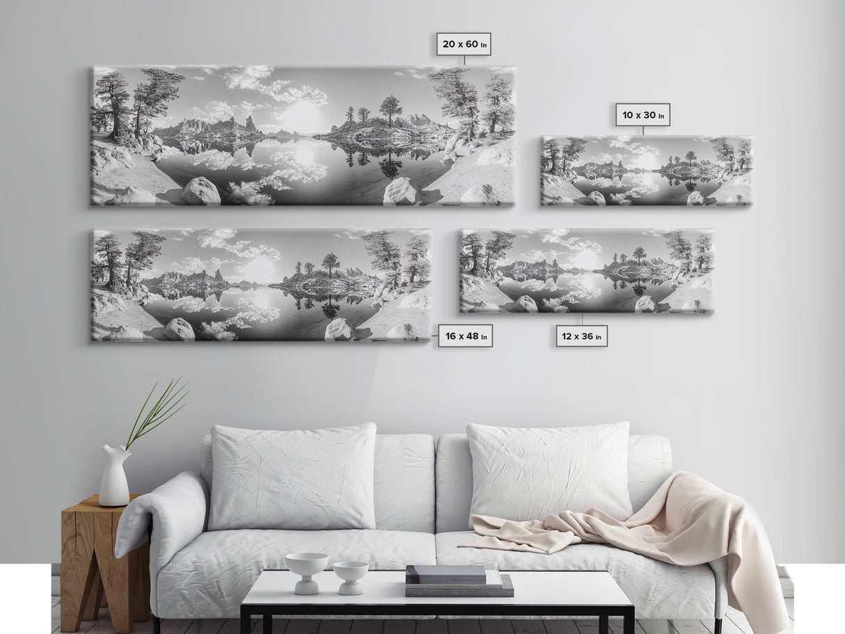 Mountain Reflections, Nature Panorama, Black and White Landscape, Framed Canvas Print, Living Room Wall Art, Modern Wilderness Decor