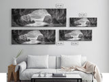 Sea Cave View, Coastal Rock Art, Monochrome Seascape, Framed Canvas Print, Bathroom Wall Art, Nature Photography, Moody Ocean Decor