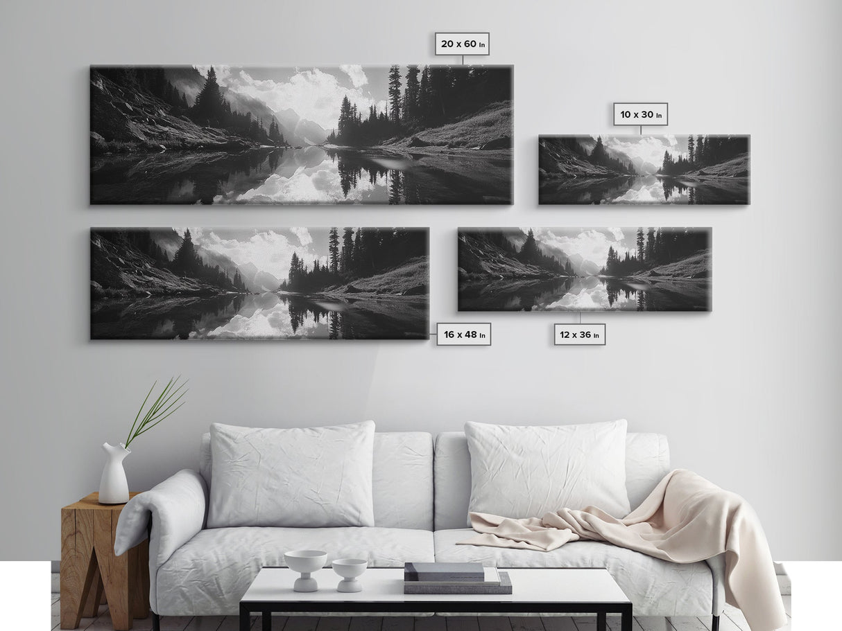 Alpine Lake Scene, Black and White Forest, Serene Mountain Print, Framed Canvas Print, Rustic Wall Art, Cabin Living Room Decor