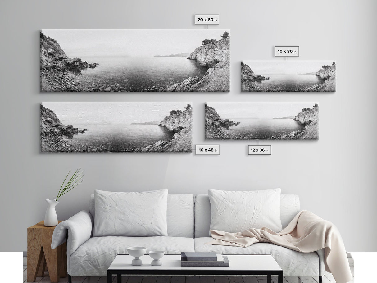 Rocky Coastline, Minimalist Seascape, Black and White Shoreline, Framed Canvas Print, Coastal Wall Art, Bathroom or Hallway Decor