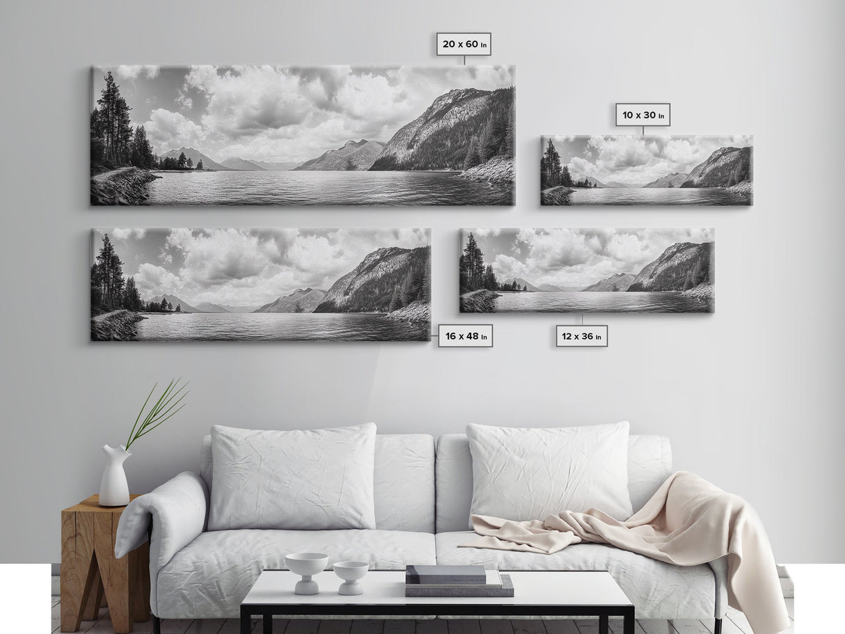 Mountain Lake, Forest Panorama, Serene Wilderness, Framed Canvas Print, Nature Lover Wall Art, Rustic Lodge Decor, Neutral Palette