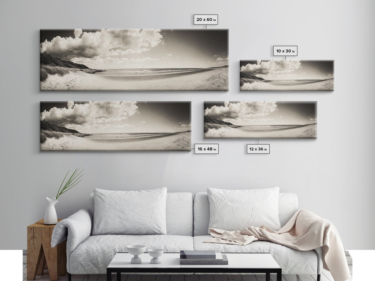 Cloudy Beach, Sandy Shoreline, Coastal Serenity, Framed Canvas Print, Neutral Tones Wall Art, Minimalist Bathroom or Hallway Decor