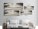 Cloudy Beach, Sandy Shoreline, Coastal Serenity, Framed Canvas Print, Neutral Tones Wall Art, Minimalist Bathroom or Hallway Decor