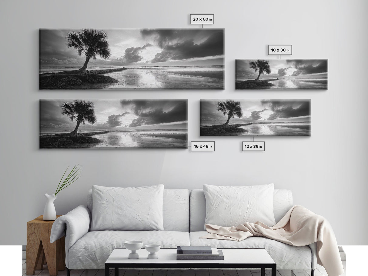Solitary Palm Tree, Ocean Storm, Moody Landscape, Beach Wall Decor, Framed Canvas Print, Coastal Living Room Art, Monochrome Photography