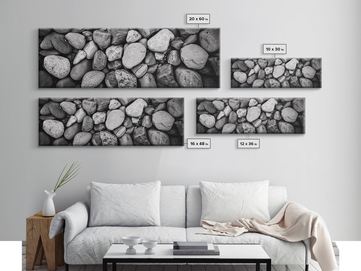 Zen Stones, Nature Texture, River Rock Closeup, Minimalist Photography, Framed Canvas Print, Spa Bathroom Wall Art, Modern Black White
