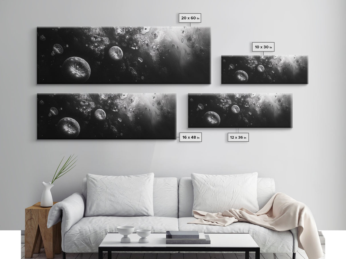 Jellyfish Dreams, Ocean Depths, Abstract Motion, Canvas Print, Coastal Bathroom Art, Nautical Theme, Moody Black and White Sea Life