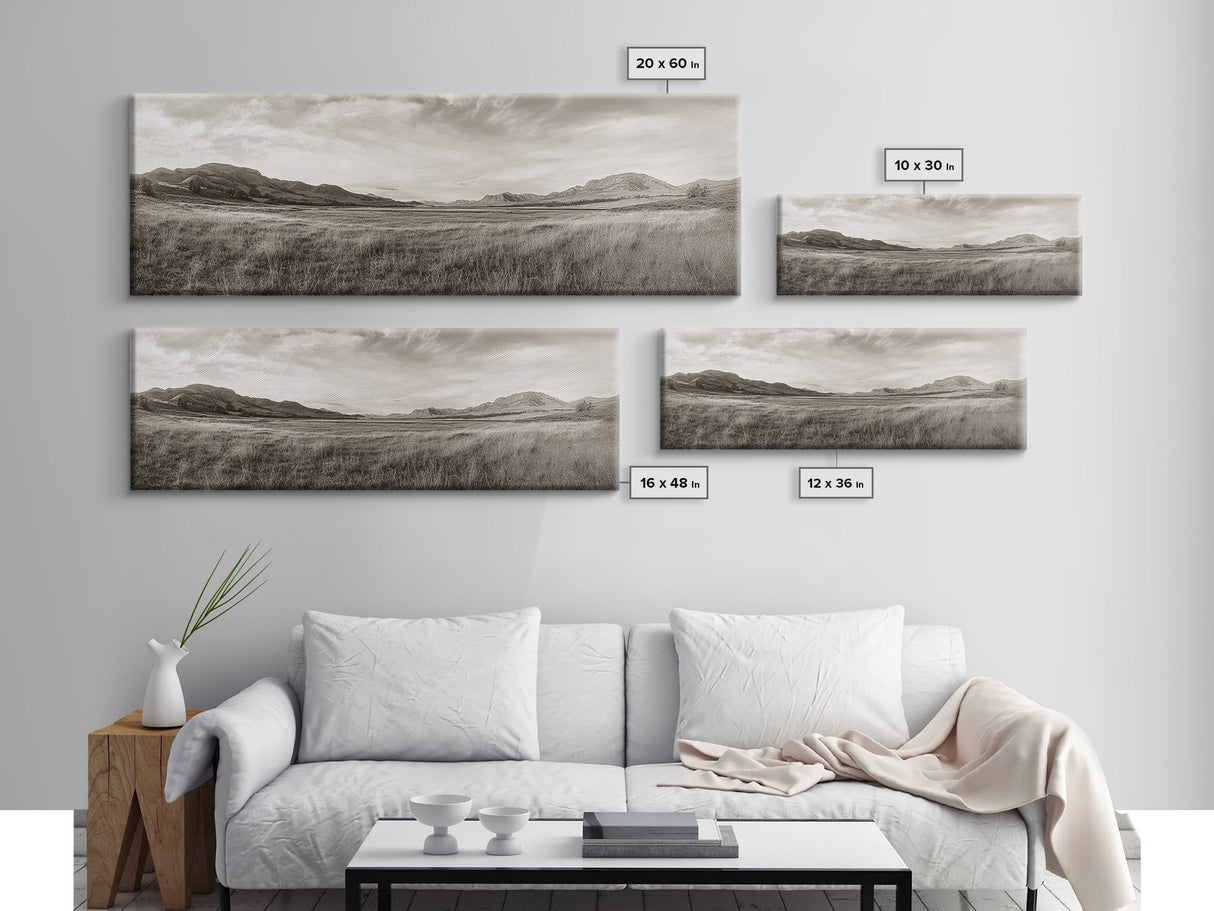 Golden Prairie, Mountain Horizon, Rustic Calm, Canvas Print, Fall Wall Art, Country Living Room Decor, Neutral Tones Photography