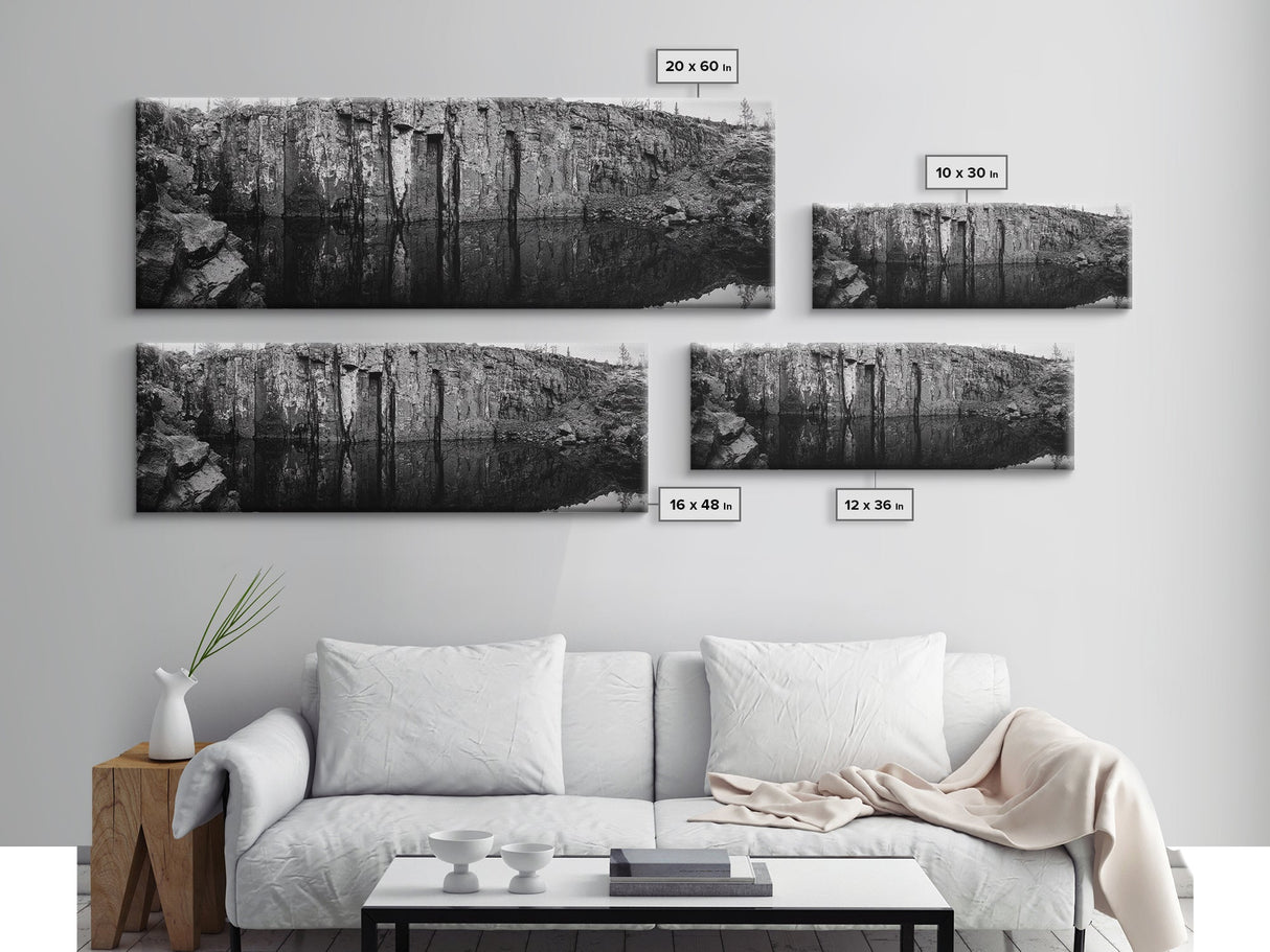 Quarry Wall, Rocky Cliff, Natural Reflection, Still Water, Framed Canvas Print, Industrial Wall Art, Man Cave Decor, Rustic Landscape Art