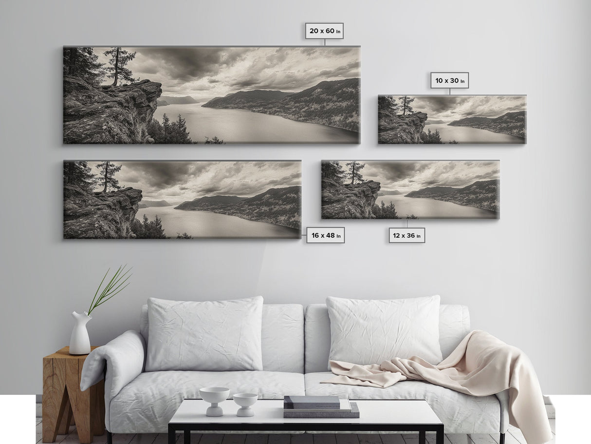 River Cliff View, Forested Mountains, Timeless Horizon, Framed Canvas Print, Living Room Wall Art, Cabin Rustic Decor, Moody Nature Art