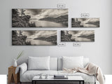 River Cliff View, Forested Mountains, Timeless Horizon, Framed Canvas Print, Living Room Wall Art, Cabin Rustic Decor, Moody Nature Art