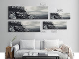 Misty Coast, Rocky Shore, Moody Seascape, Framed Canvas Print, Coastal Wall Art, Nature Photography, Rustic Bedroom Decor, Cabin Style