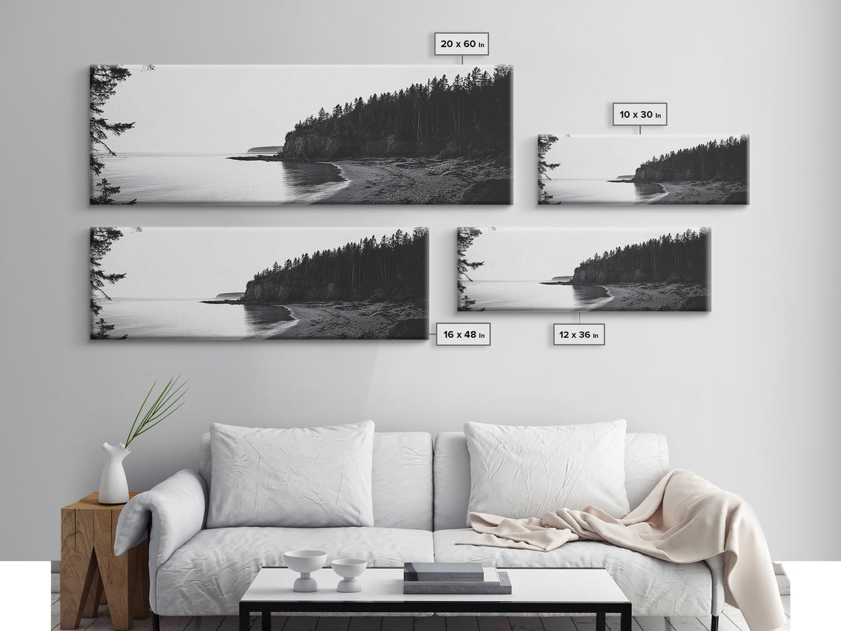 Forest Cliffs, Quiet Bay, Monochrome Coast, Canvas Print, Nature Photography, Modern Rustic Wall Art, Entryway or Office Decor