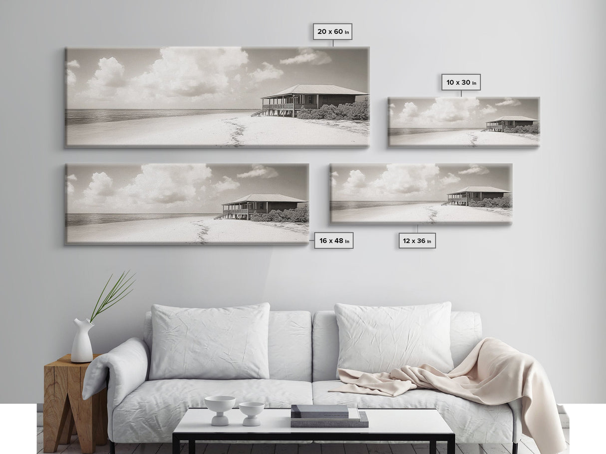 Beach House, Secluded Shore, Calm Waters, Framed Canvas Print, Coastal Wall Art, Minimalist Living Room Decor, Vacation Vibes