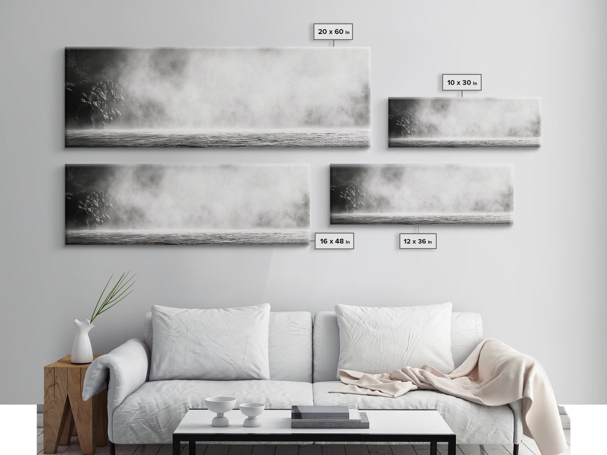 Waterfall Mist Scene, Nature Wall Decor, Canvas Print, Modern Minimalist Art, Neutral Tones, Living Room Wall Art, Black White Landscape