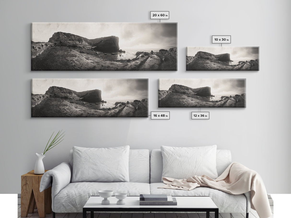 Rocky Coastal Path, Ocean Horizon View, Canvas Print, Neutral Earth Tones, Rustic Wall Art, Beach Landscape Photography, Grunge Nautical Art