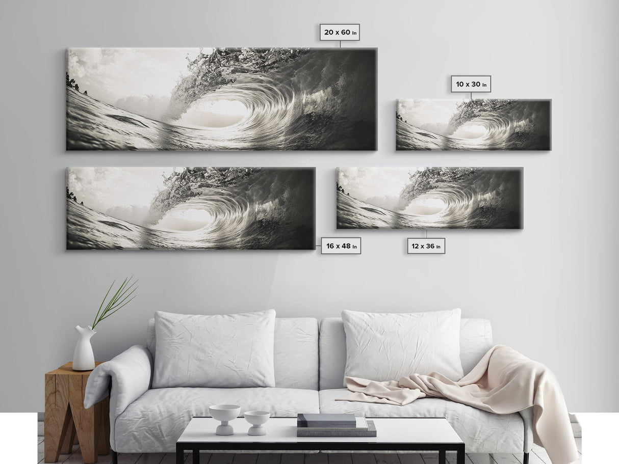 Ocean Barrel Wave, Surf Photography, Coastal Decor, Sepia Framed Canvas Print, Modern Beach House Bathroom or Living Room Wall Art