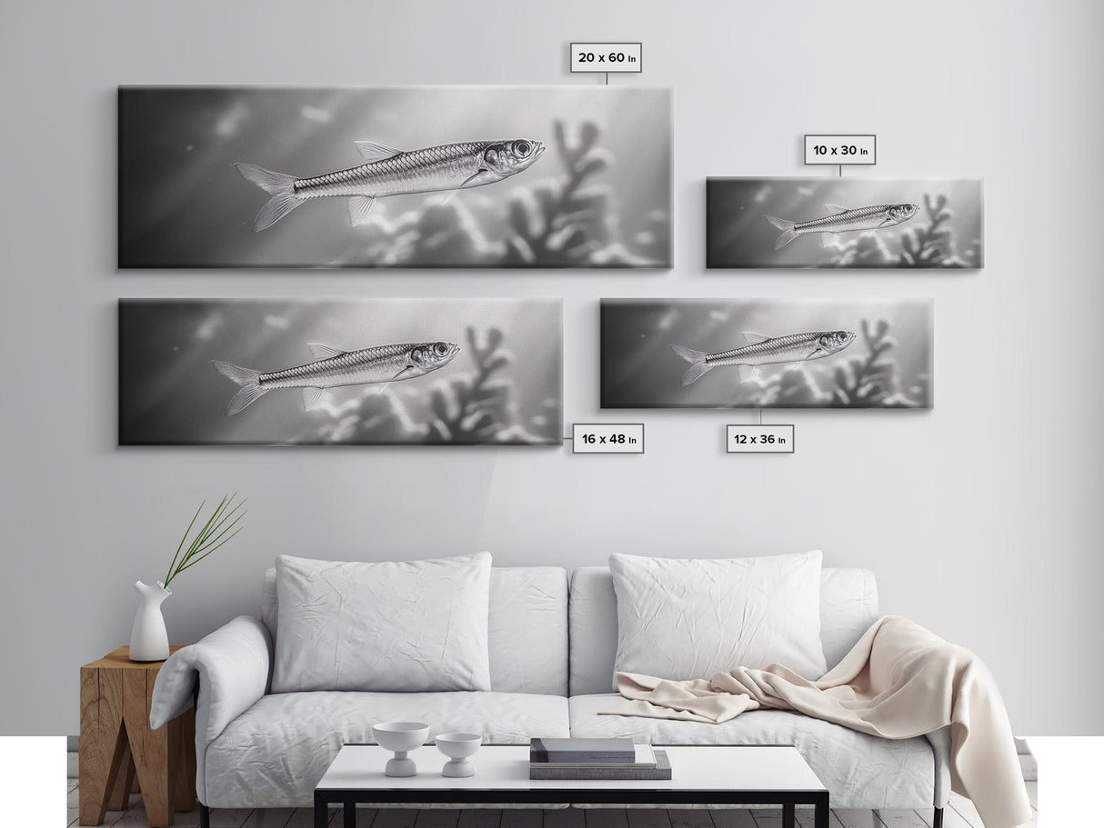 Silver Fish Closeup, Underwater Life, Marine Wildlife Art, Black and White Framed Canvas Print, Coastal Bathroom or Den Wall Art