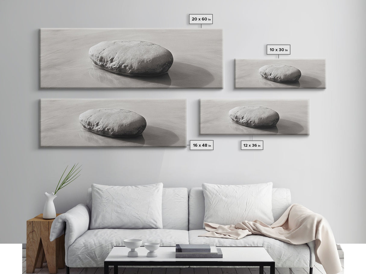 Smooth Beach Rock, Minimal Seascape, Zen Coastal Decor, Tranquil Framed Canvas Print, Modern Spa or Bedroom Wall Art