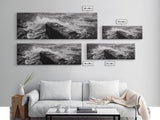 Crashing Waves Rock, Coastal Seascape, Ocean Photography, Black White Art, Framed Canvas Print, Nautical Bathroom Wall Decor