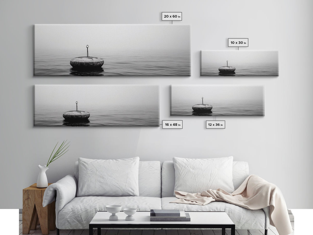Solitary Sea Buoy, Calm Ocean View, Black White Minimalist, Nautical Canvas Print, Peaceful Coastal Wall Art, Bedroom Decor