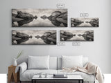 Rock Reflection, Coastal Tranquility, Nature Mirror, Framed Canvas Print, black and white coastal art, zen bathroom decor, moody ocean wall art