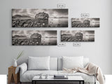 Island Shoreline, Rocky Coast View, Monochrome Nature, Framed Canvas Print, coastal kitchen decor, moody mountain beach wall art