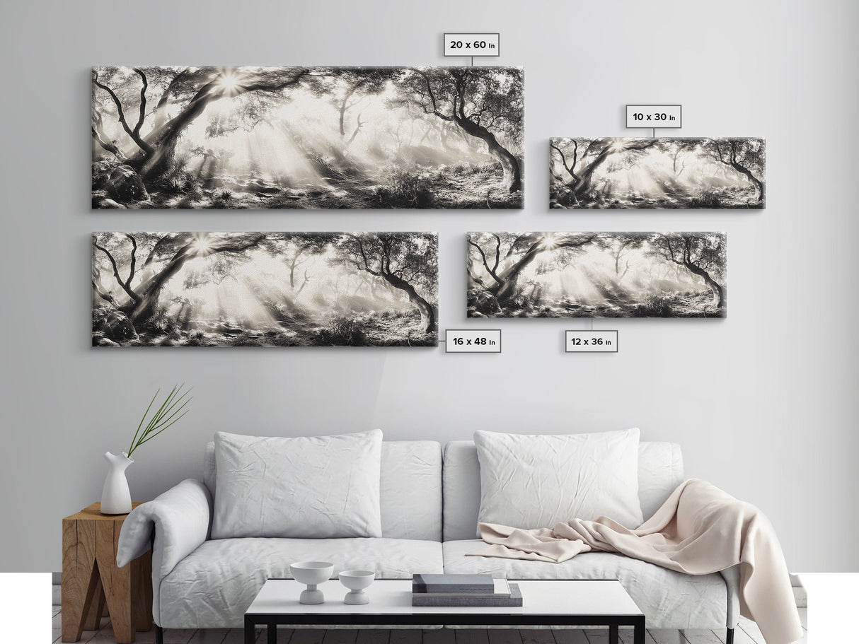 Enchanted Forest, Sunlight Rays, Dreamy Woodland, Framed Canvas Print, boho nature decor, spiritual wall art, bedroom forest scene