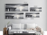 Ocean Pier, Tranquil Horizon, Serene Seascape, Framed Canvas Print, black and white beach wall art, bedroom coastal minimalism