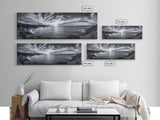 Cloudy Horizon, Wide Ocean View, Coastal Cliffs, Framed Canvas Print, dramatic seascape wall art, coastal kitchen decor, black and white