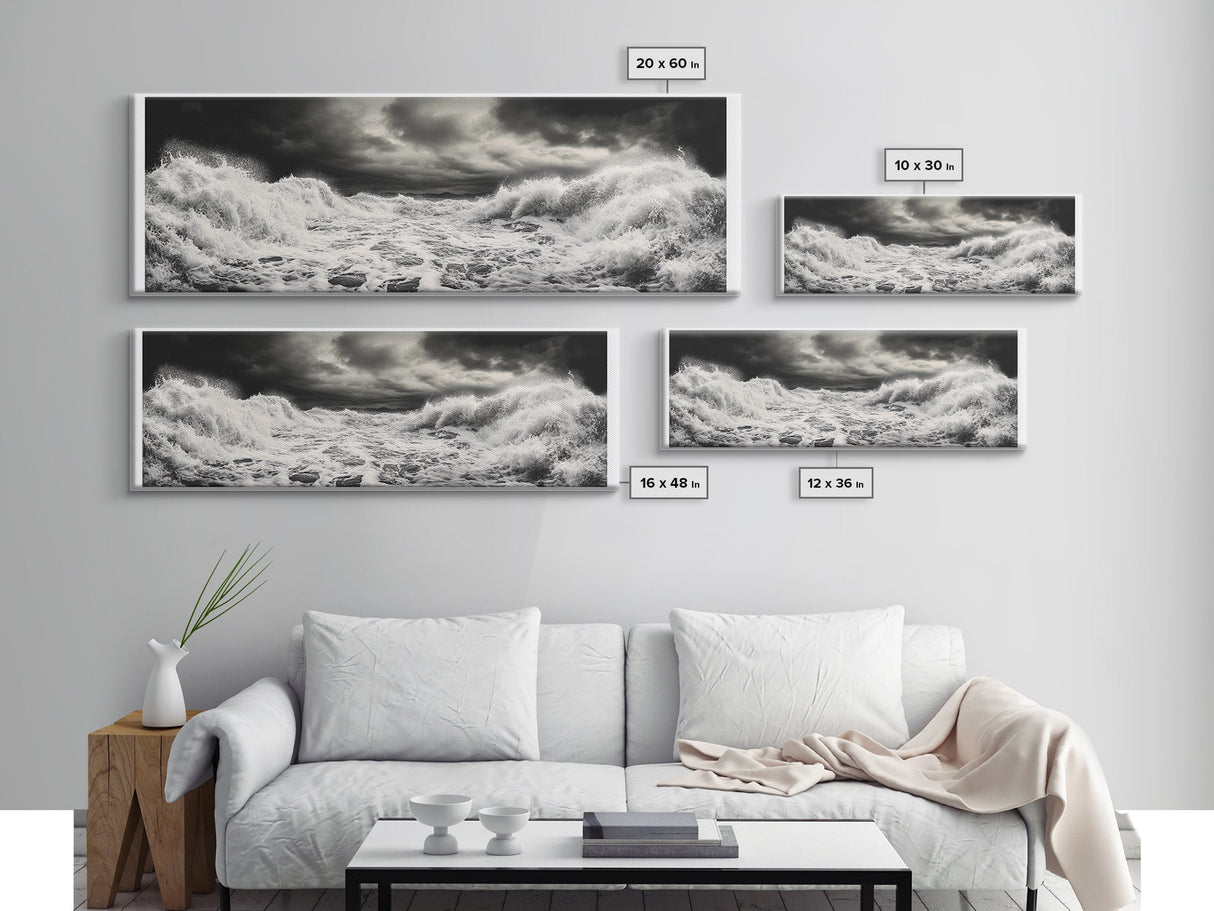 Storm Waves, Moody Sea, Ocean Power, Canvas Print, dramatic bathroom wall art, black and white seascape, coastal energy room decor