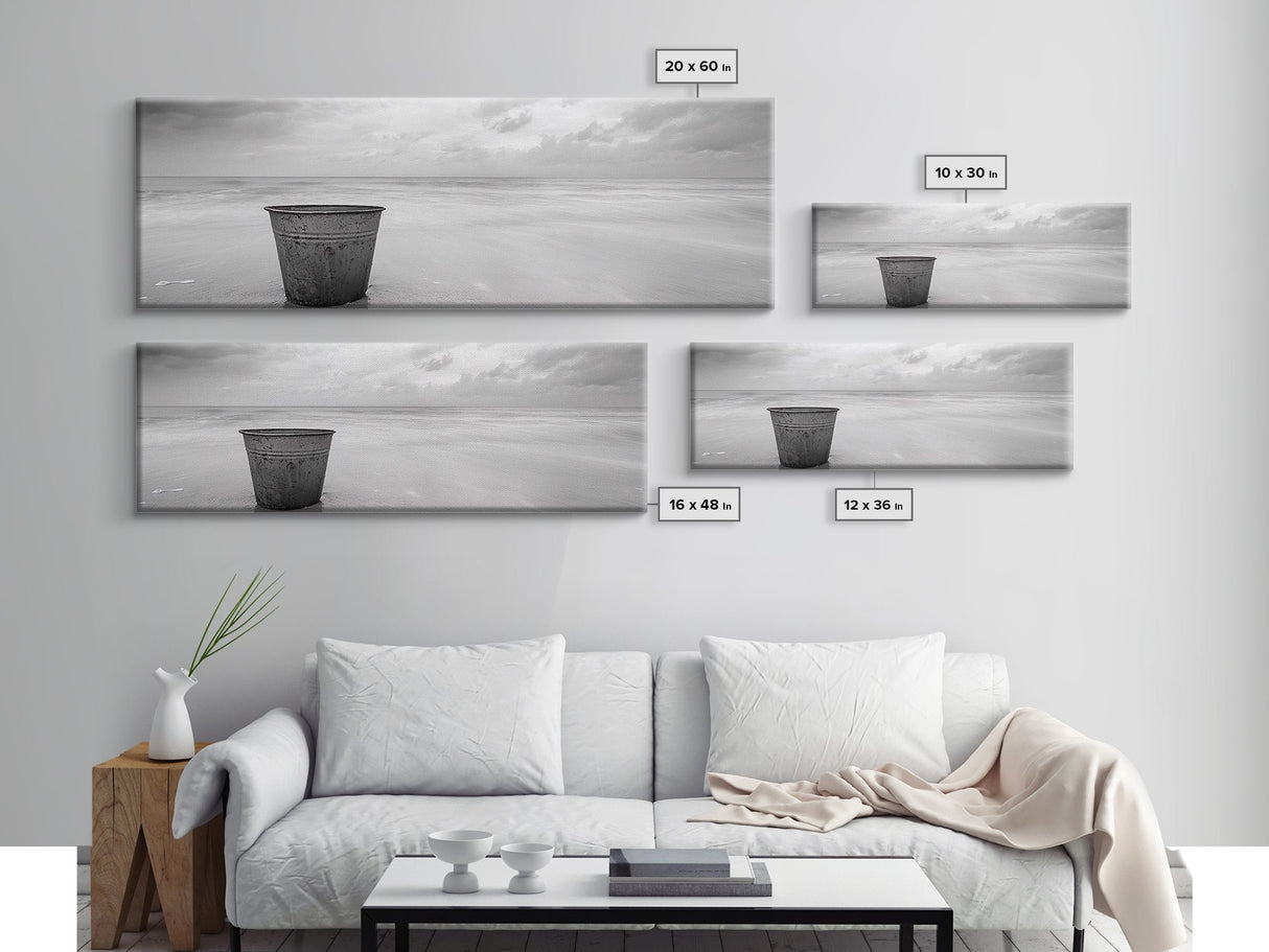 Seaside Metal Pail, Coastal Minimalism, Black White Art, Modern Bathroom Art, Framed Canvas Print, Tranquil Ocean Wall Decor