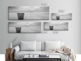 Seaside Metal Pail, Coastal Minimalism, Black White Art, Modern Bathroom Art, Framed Canvas Print, Tranquil Ocean Wall Decor