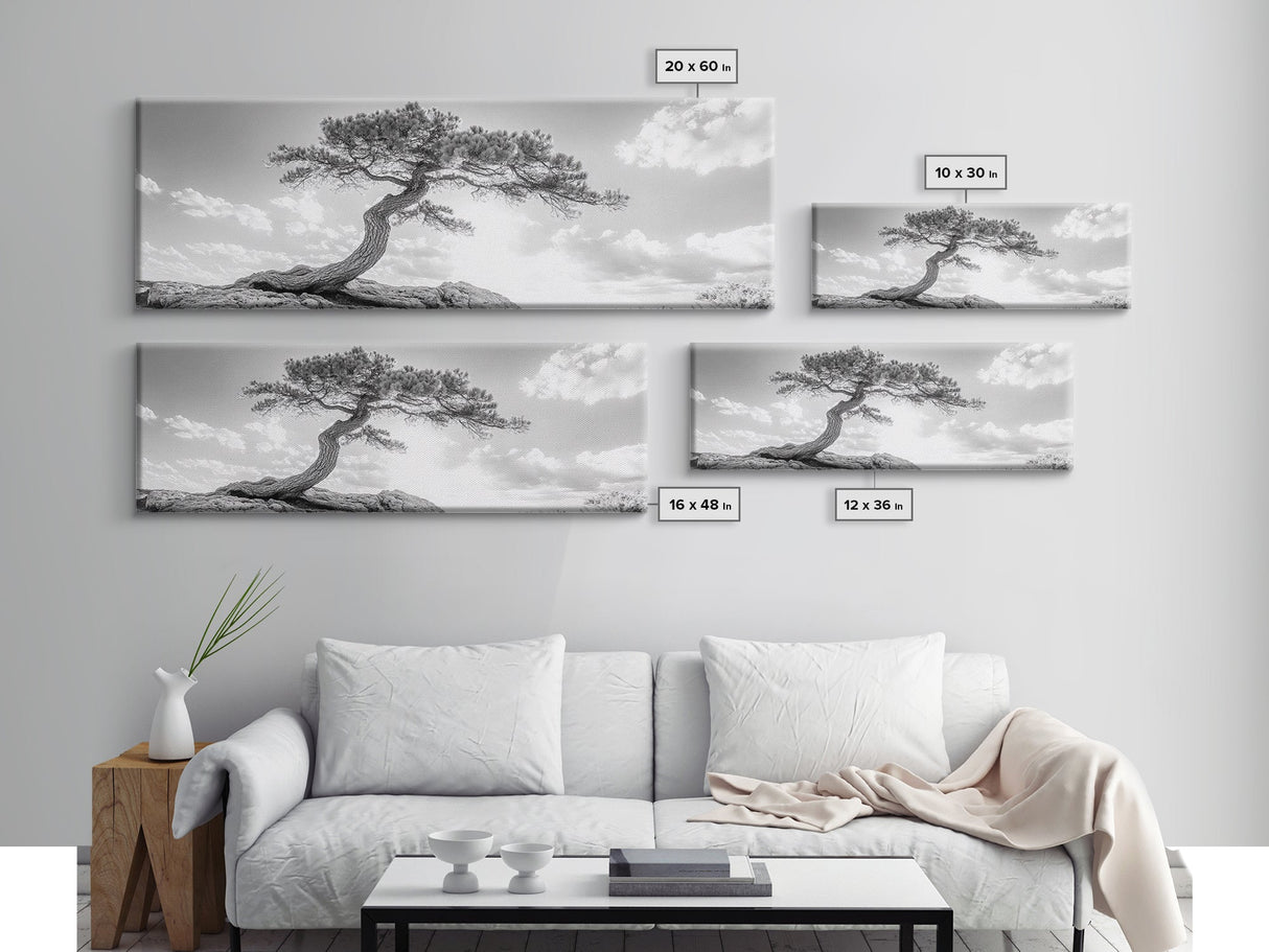 Lone Curved Tree, Zen Nature Print, Minimalist Landscape, Calming Decor, Framed Canvas Print, Bedroom Wall Statement