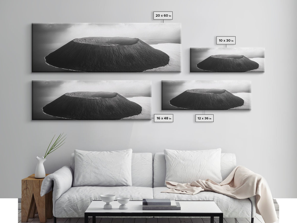 Island Volcano, Crater View, Aerial Landscape, Coastal Photography, Canvas Print, Nature Wall Decor, Bedroom Art, Monochrome Landscape