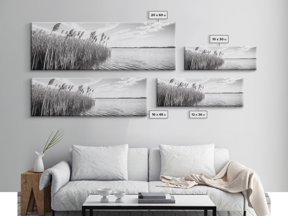 Windy Reeds, Lakeside Breeze, Natural Grass Art, Monochrome Landscape, Canvas Print, Boho Living Room Decor, Botanical Minimalist Wall Art