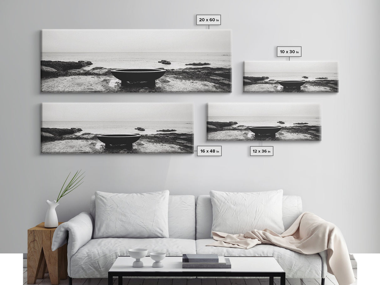 Coastal Boat, Ocean Horizon, Solitude Scene, Black and White Seascape, Canvas Print, Modern Bathroom Wall Art, Minimalist Decor