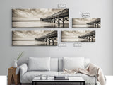 Pier at Dusk, Ocean Boardwalk, Stormy Beach Horizon, Framed Canvas Print, Moody Coastal Wall Art, Nautical Living Room Decor