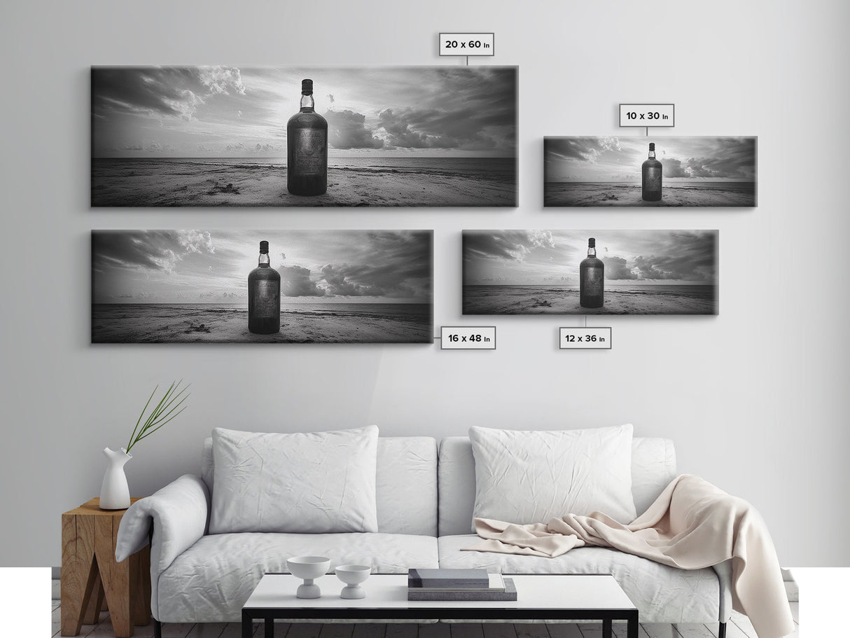Whiskey on Beach, Bottle Seascape, Moody Coastal Still Life, Canvas Print, Masculine Bar Wall Art, Rustic Living Room Accent Piece