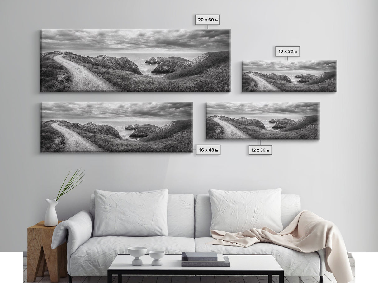 Cliff Path, Sea Escape, Moody Sky, Adventure Trail, Canvas Print, Modern Entryway Wall Art, Travel Photography, Nature Scene