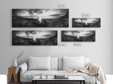 Seaside Fire, Coastal Camp, Black White, Night Shore, Framed Canvas Print, Fall decor, rustic outdoor art, cozy cabin wall art, man cave