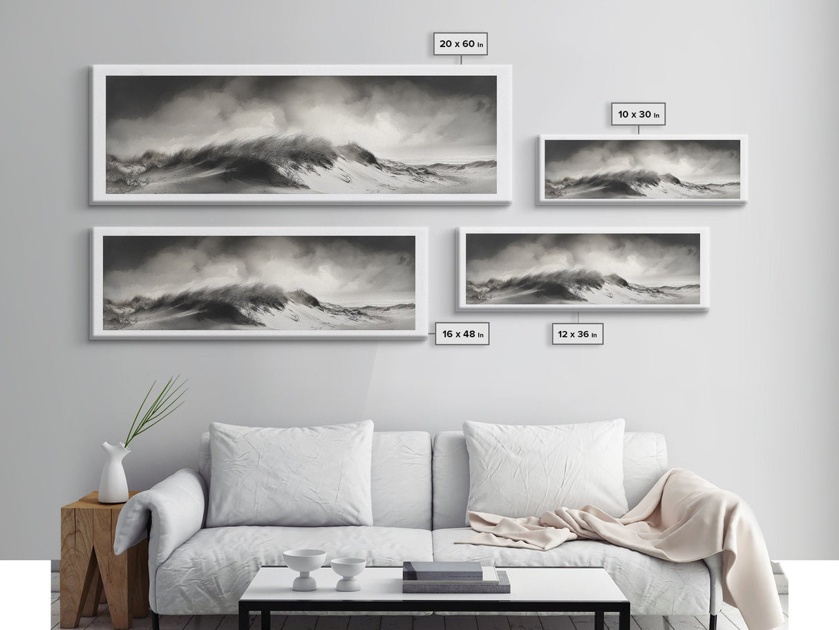 Sand Dune Storm, Coastal Winds, Black and White Nature, Framed Canvas Print, Neutral Wall Art, Hallway Decor, Minimalist Style