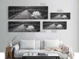 Water Lily, Peaceful Pond, Wooden Dock, Framed Canvas Print, Zen Wall Art, Meditation Room Decor, Black and White Nature Art