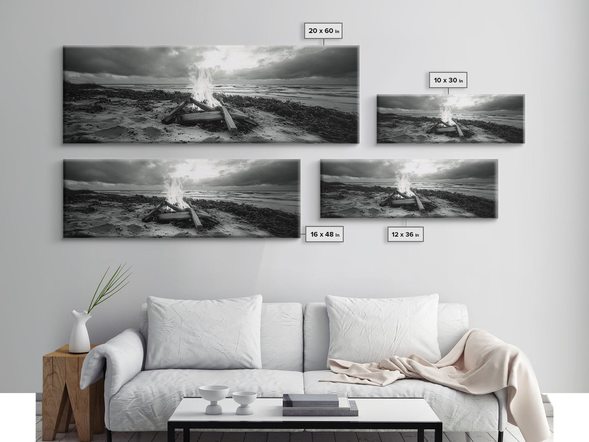 Driftwood Fire, Coastal Sky, Ocean Mood, Fall Campfire, Framed Canvas Print, rustic lake decor, bohemian fireplace art, nature wall accent