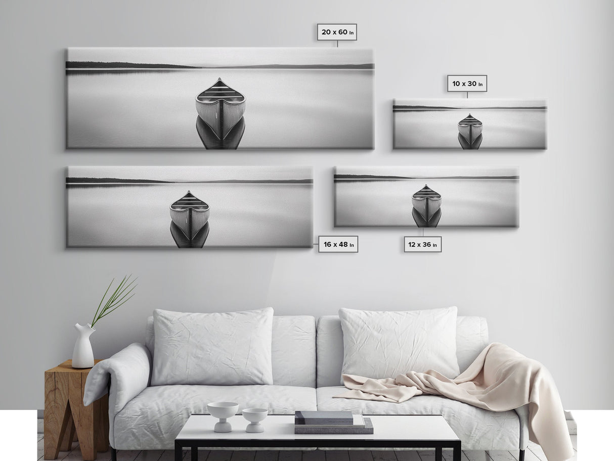 Still Canoe, Lake Mirror, Serene Water, Monochrome Boat, Framed Canvas Print, minimalist wall art, peaceful bedroom decor, boho lake style