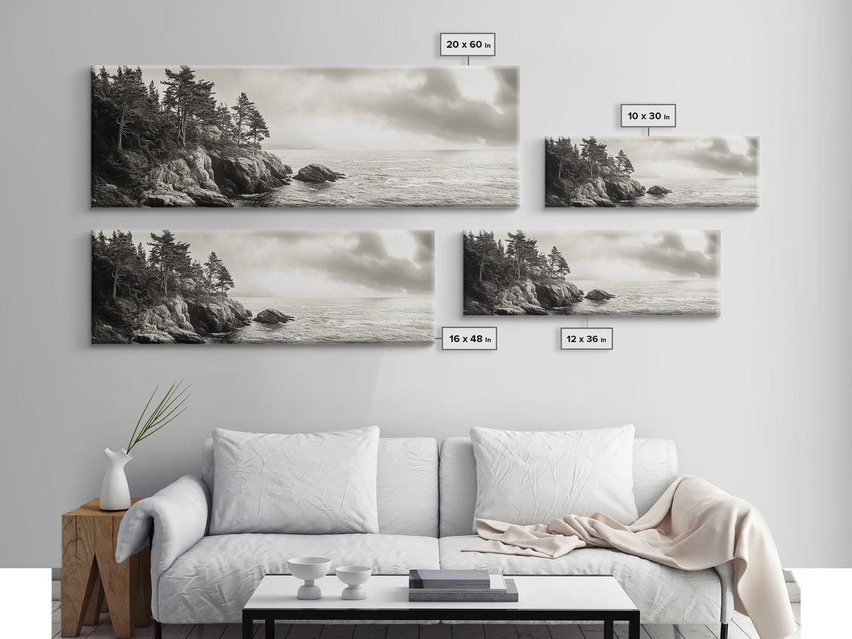Windy Pines, Rocky Shoreline, Ocean Wilderness, Canvas Print, Vintage Nature Photography, Hallway Wall Art, Outdoor Adventure Vibe