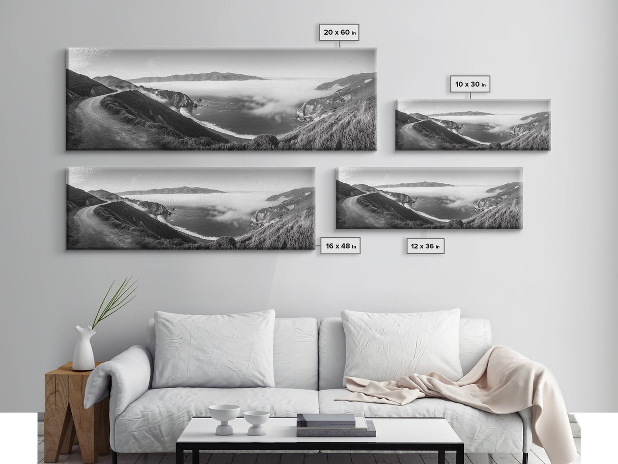 Mountain Road, Foggy Ocean View, Cliffside Drive, Framed Canvas Print, Scenic Wall Decor, Travel Photography, Modern Minimalist Art