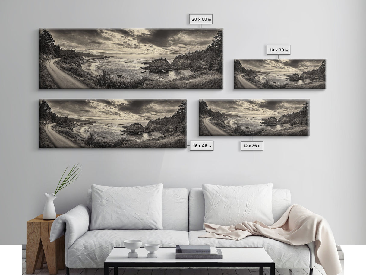 Coastal Road, Ocean Sunset, Rocky Shoreline, Framed Canvas Print, Moody Landscape Photography, Living Room Wall Art, Rustic Nature Decor