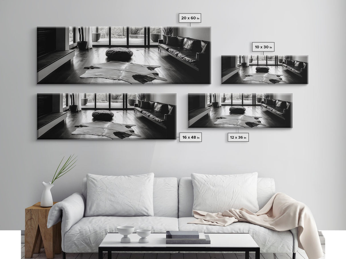 Modern Living, Minimalist Decor, Cowhide Rug, Framed Canvas Print, Neutral Aesthetic Wall Art, Luxury Living Room Design Accent